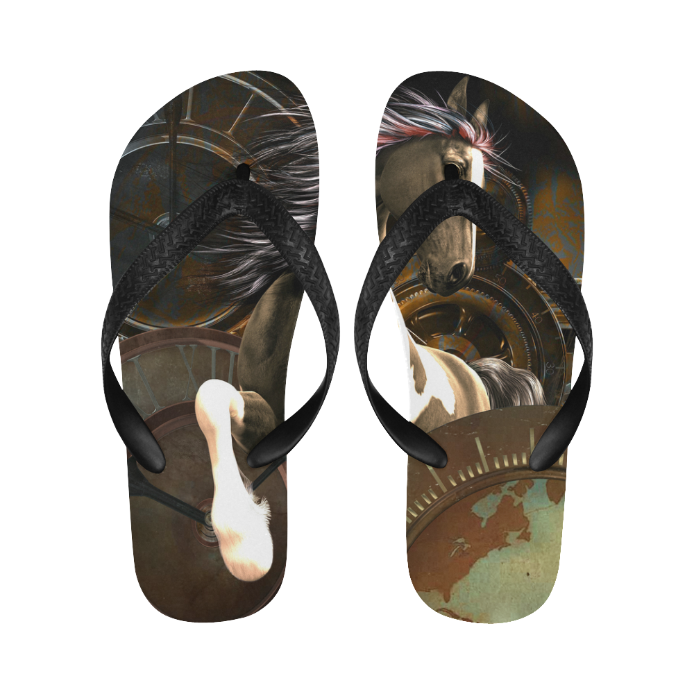 Steampunk, awesome horse with clocks and gears Flip Flops for Men/Women (Model 040)