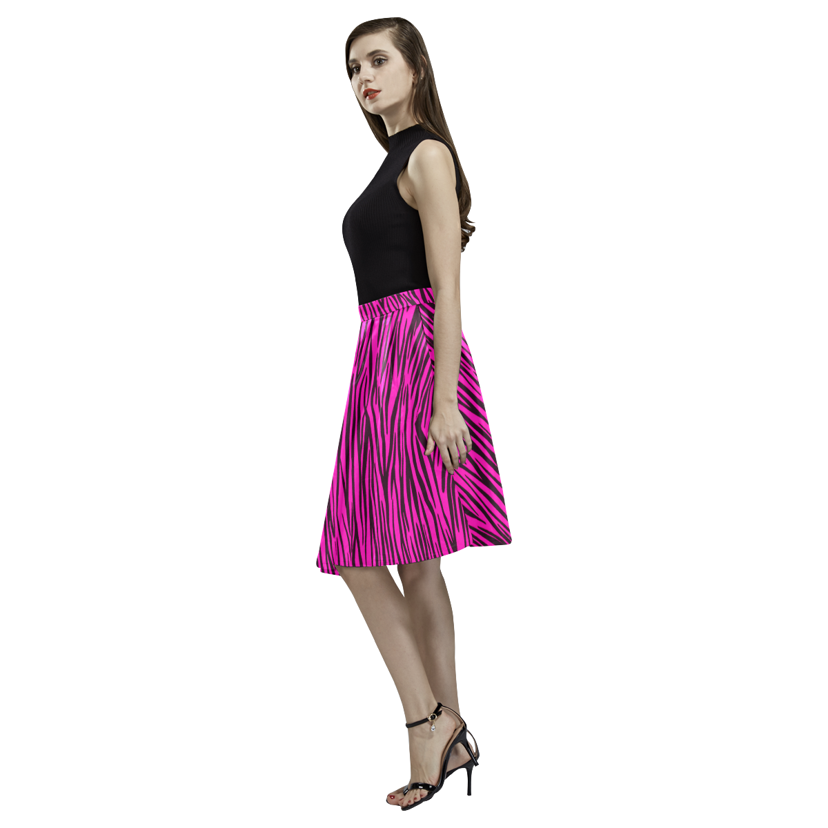 Pink Zebra Stripes Fur Pattern Melete Pleated Midi Skirt (Model D15)