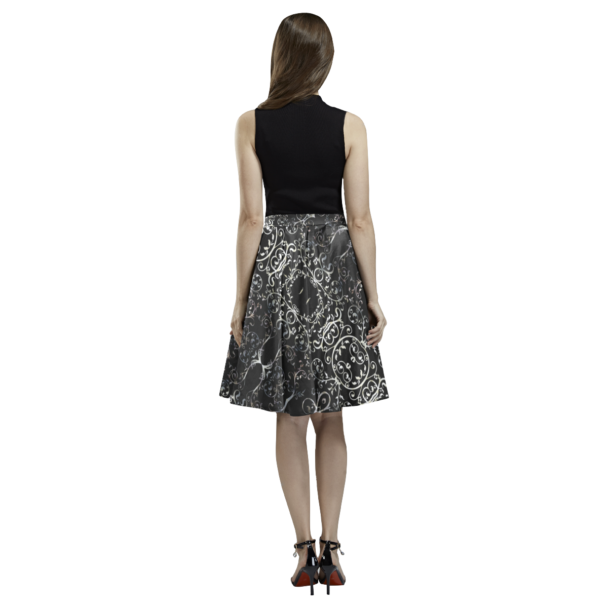 Backlit Damask Vines Gothic Melete Pleated Midi Skirt (Model D15)