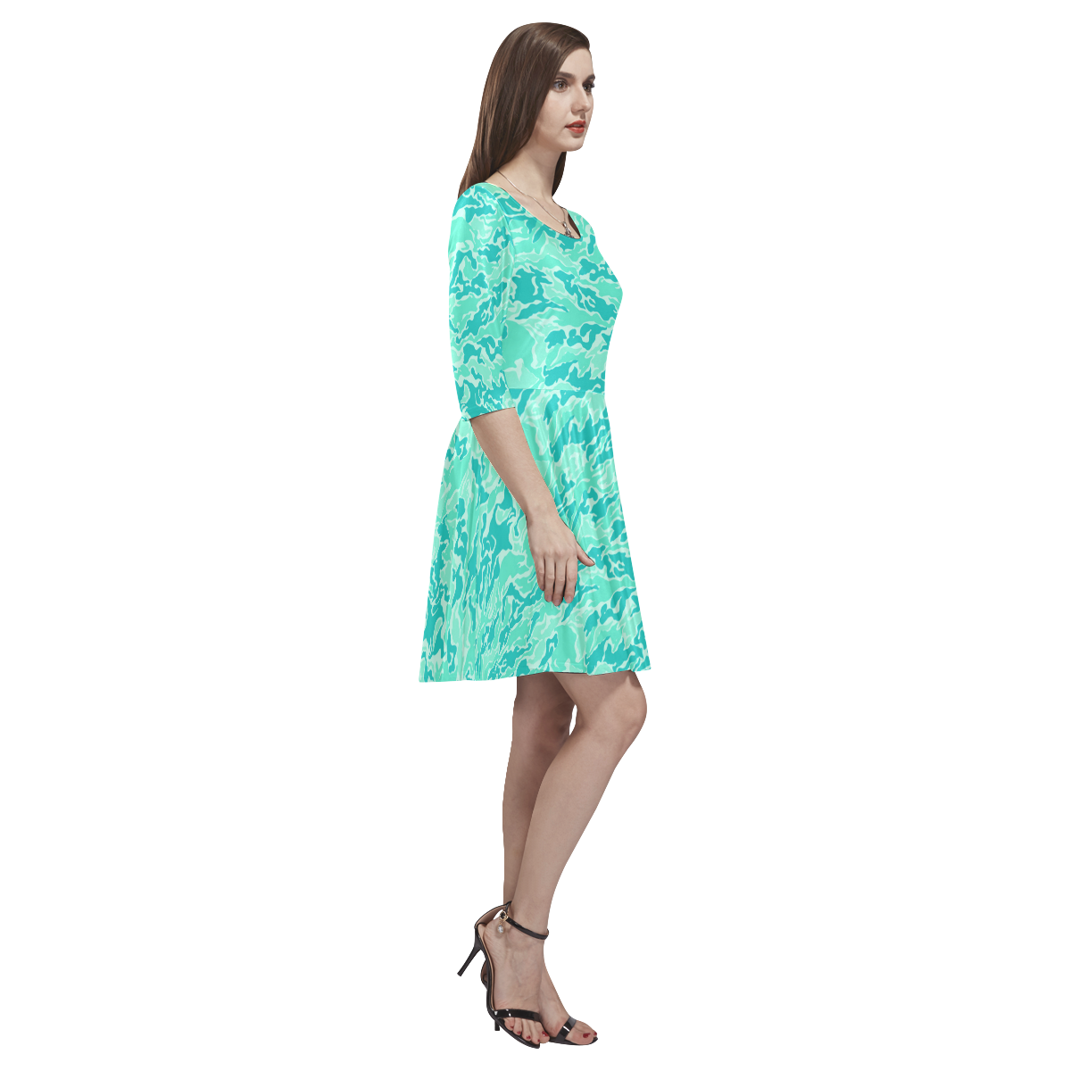 Turquosie  Camouflage Camo Tethys Half-Sleeve Skater Dress(Model D20)