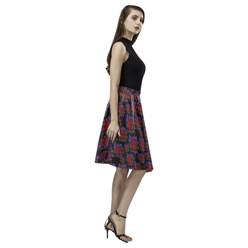 Red and Purple Roses Floral Pattern Melete Pleated Midi Skirt (Model D15)