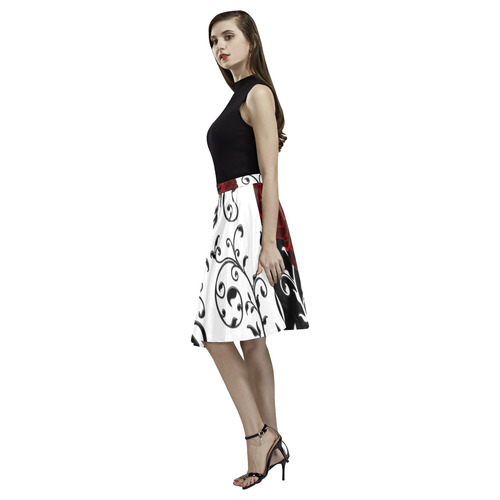 Damask and Roses Goth Print Melete Pleated Midi Skirt (Model D15)