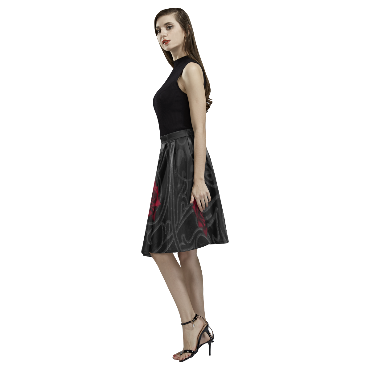 Damask And Roses Pattern Goth design Melete Pleated Midi Skirt (Model D15)