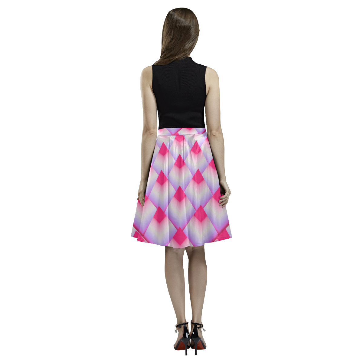 Glossy 3d Pink Pyramids Melete Pleated Midi Skirt (Model D15)