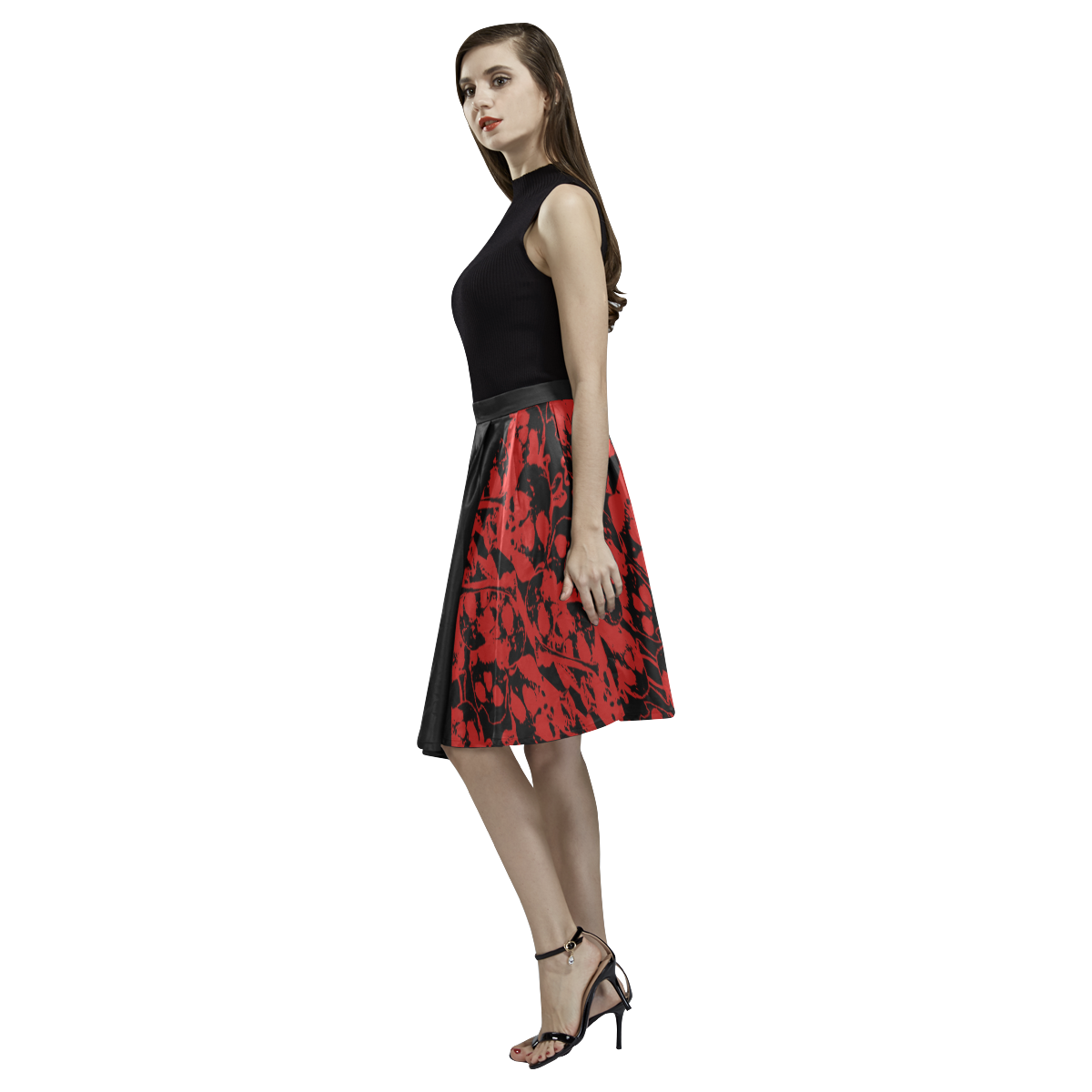 Red Skull Cut Out Gothic Print Melete Pleated Midi Skirt (Model D15)