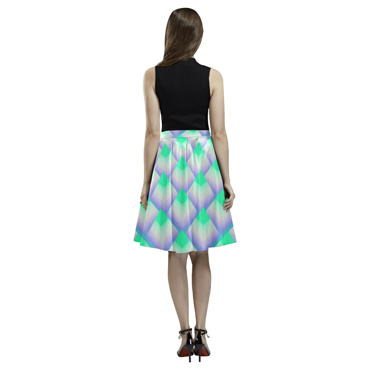 Glossy 3d Green Pyramids Melete Pleated Midi Skirt (Model D15)