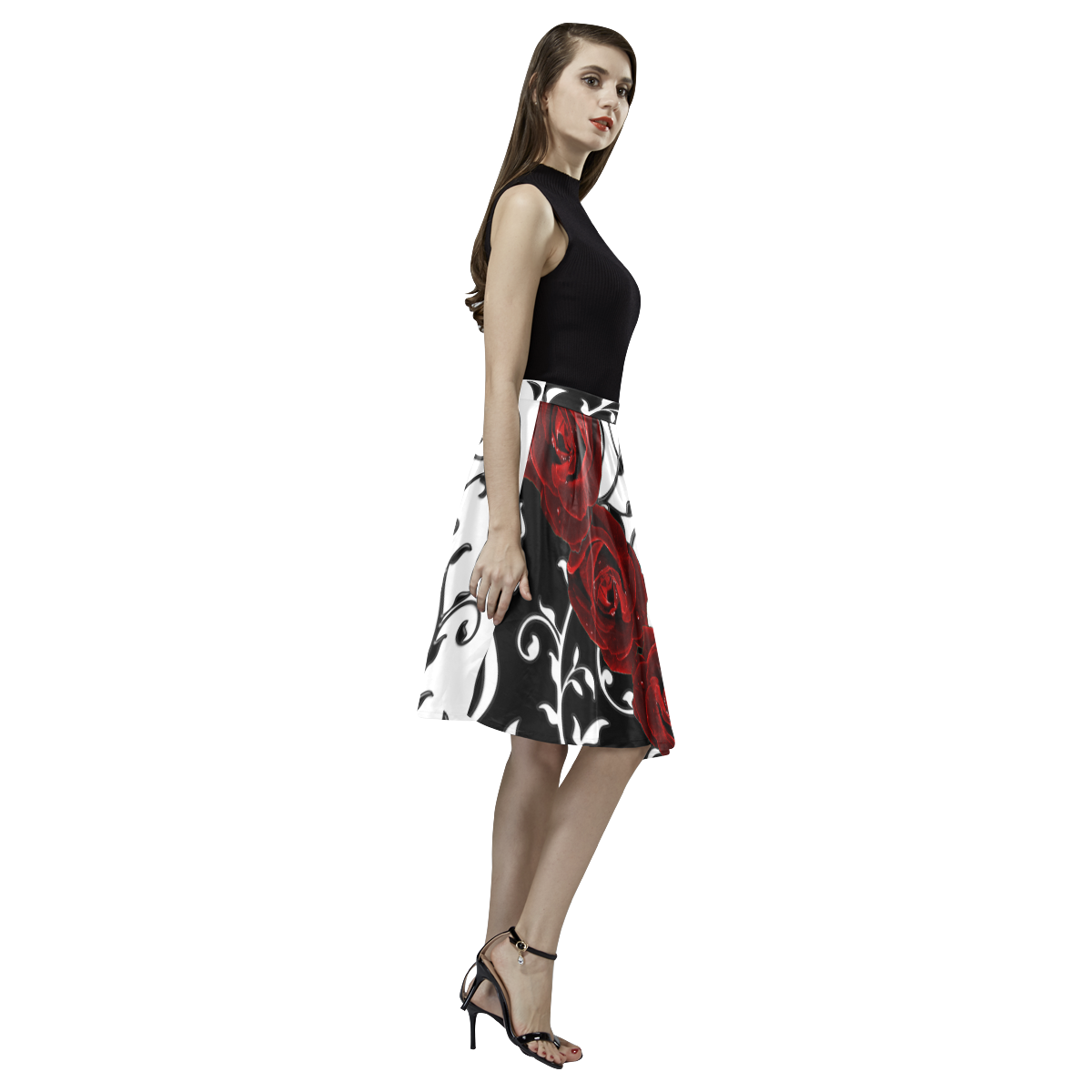 Damask and Roses Goth Print Melete Pleated Midi Skirt (Model D15)