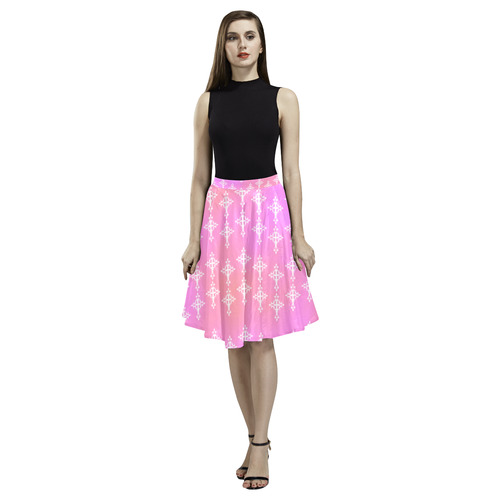 Pastel Goth Pink Crosses pattern Art Melete Pleated Midi Skirt (Model D15)
