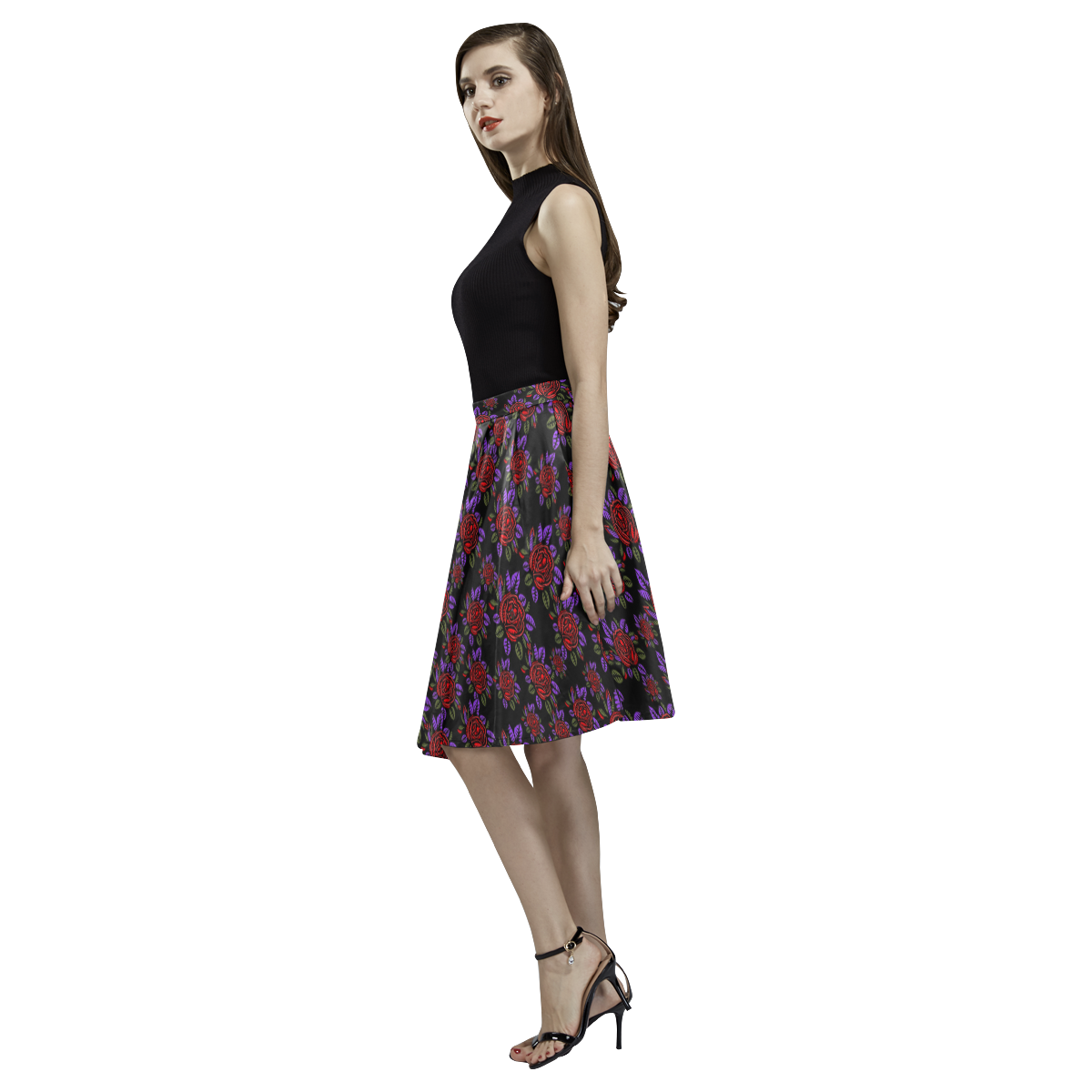 Red and Purple Roses Floral Pattern Melete Pleated Midi Skirt (Model D15)