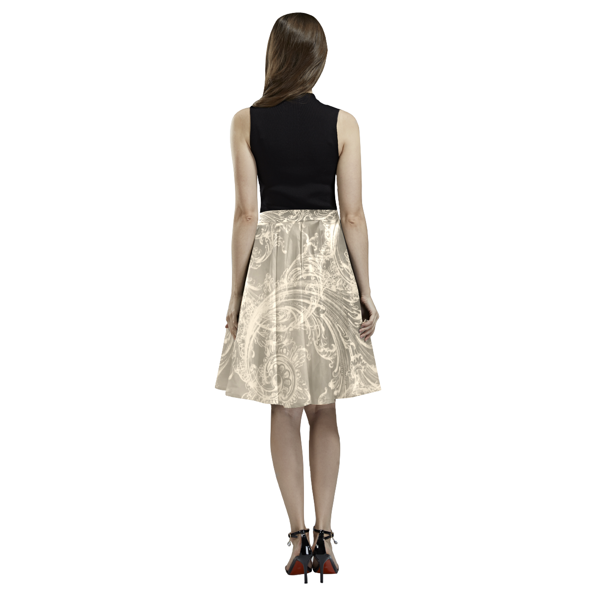 Vintage Damask Steampunk Print Melete Pleated Midi Skirt (Model D15)
