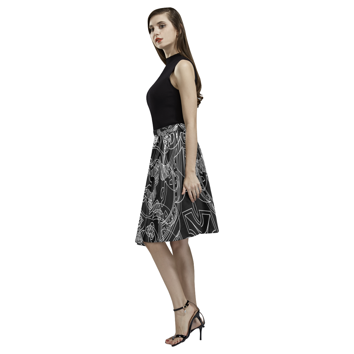 Drawn Hearts Goth Art Melete Pleated Midi Skirt (Model D15)
