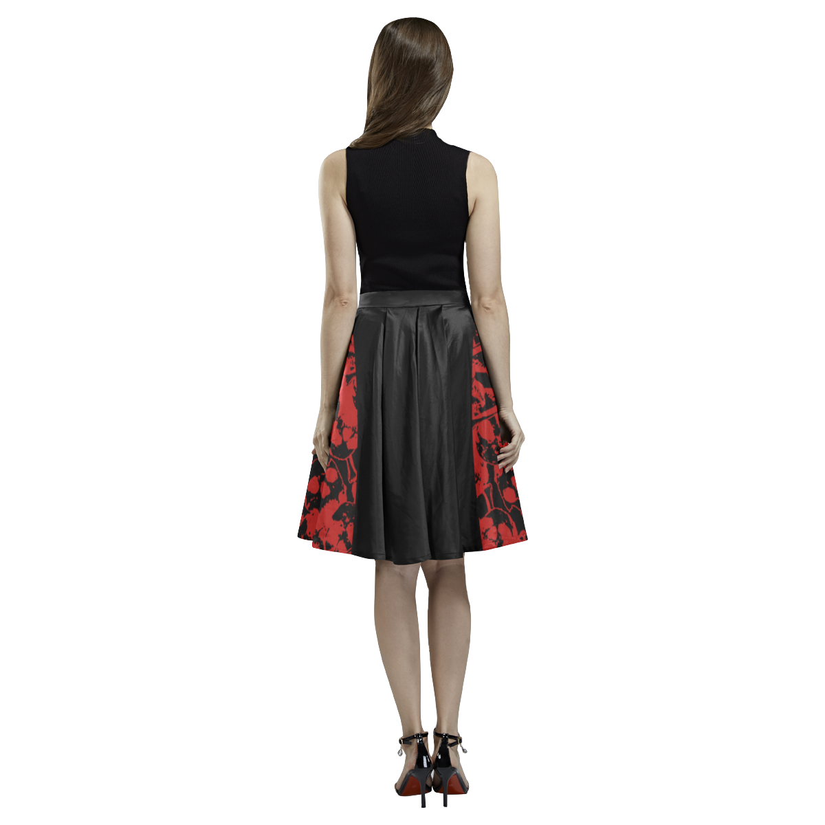 Red Skull Cut Out Gothic Print Melete Pleated Midi Skirt (Model D15)