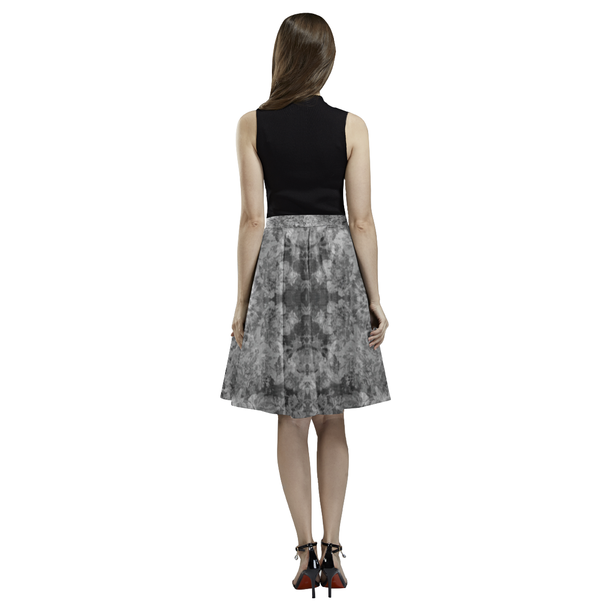 Floral Damask Dark Gray Melete Pleated Midi Skirt (Model D15)