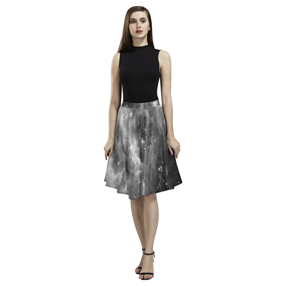 Galaxy Castle Goth print Melete Pleated Midi Skirt (Model D15)