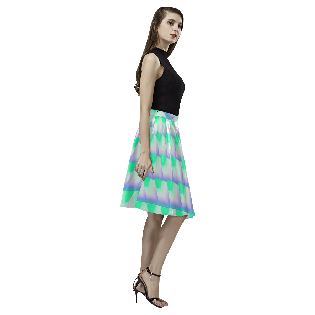 Glossy 3d Green Pyramids Melete Pleated Midi Skirt (Model D15)