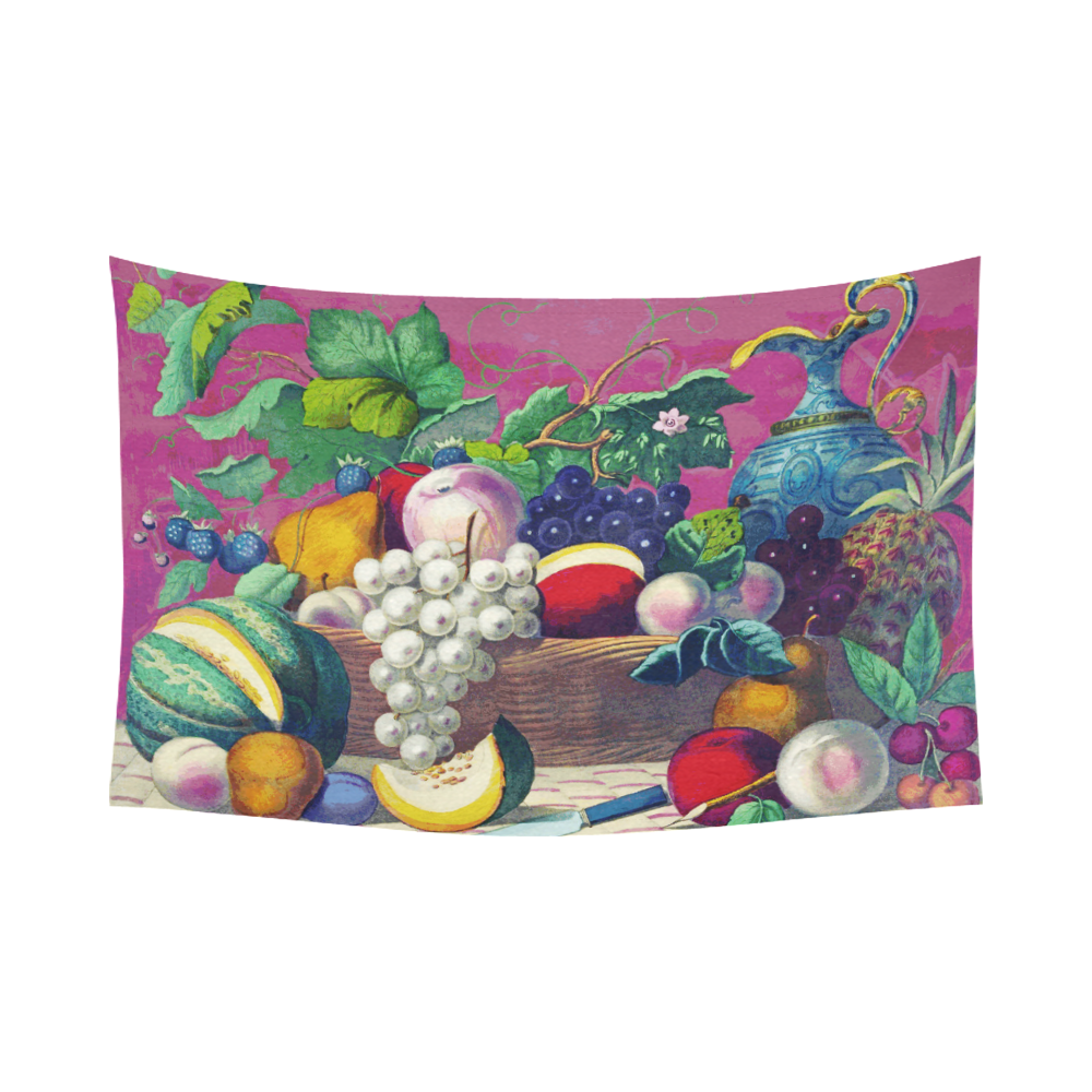 Vintage Fruit Melon Pear Grape Floral Cotton Linen Wall Tapestry 90"x 60"