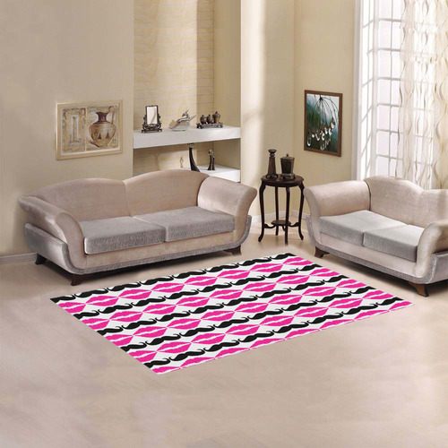 Pink and Black Hipster Mustache and Lips Area Rug 5'x3'3''