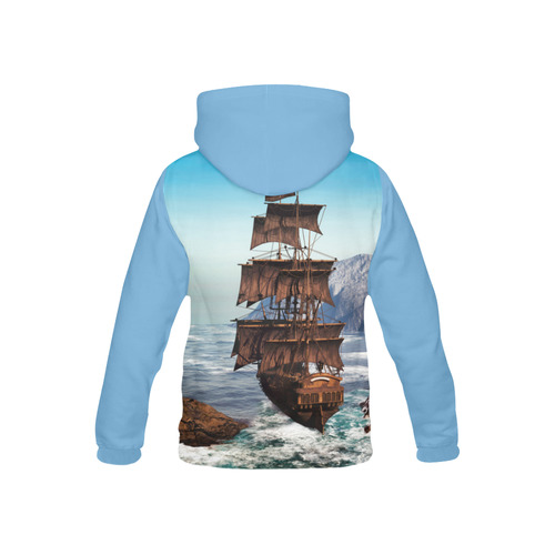 A pirate ship sails through the coastal All Over Print Hoodie for Kid (USA Size) (Model H13)