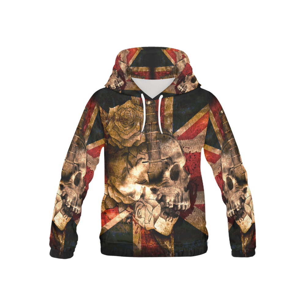Grunge Skull and British Flag All Over Print Hoodie for Kid (USA Size) (Model H13)