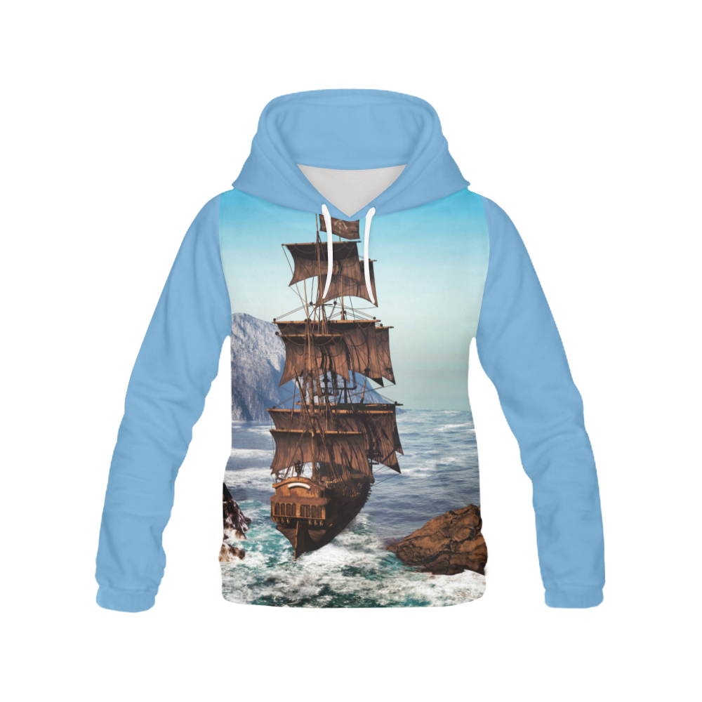 A pirate ship sails through the coastal All Over Print Hoodie for Women (USA Size) (Model H13)