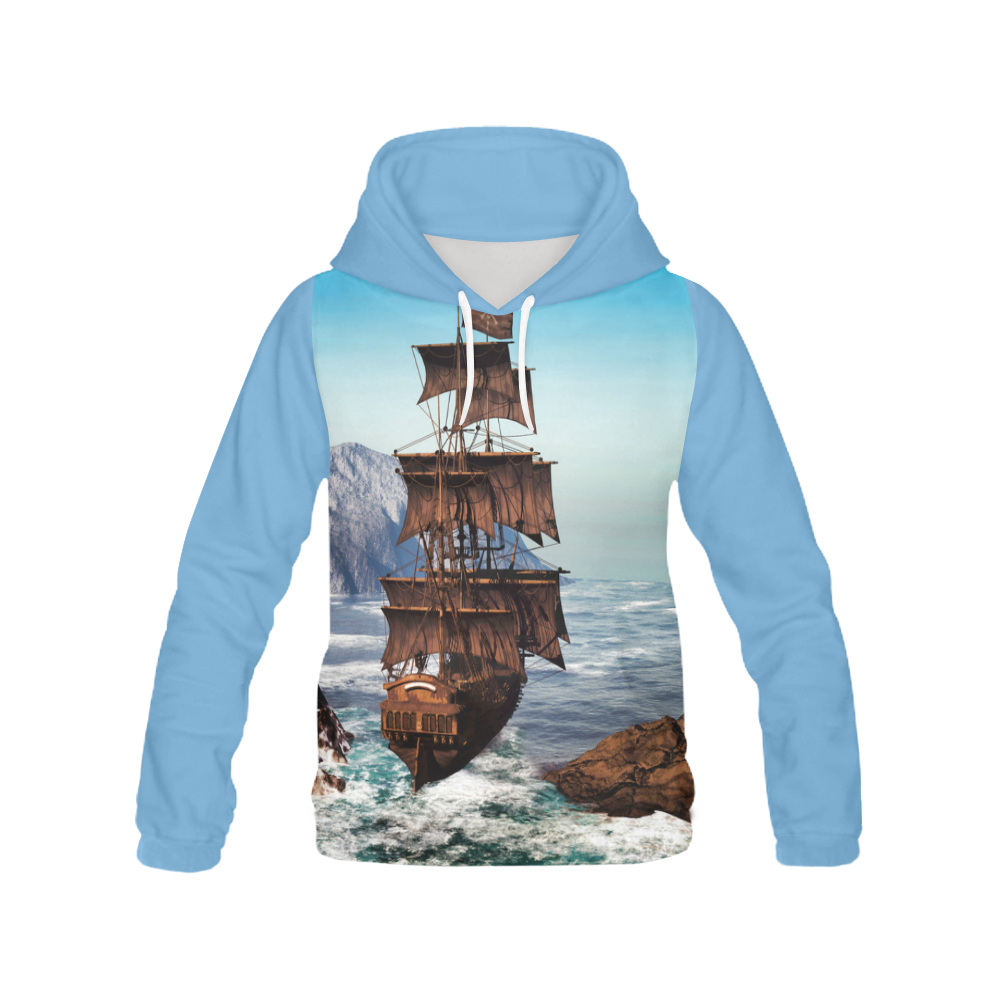 A pirate ship sails through the coastal All Over Print Hoodie for Men (USA Size) (Model H13)