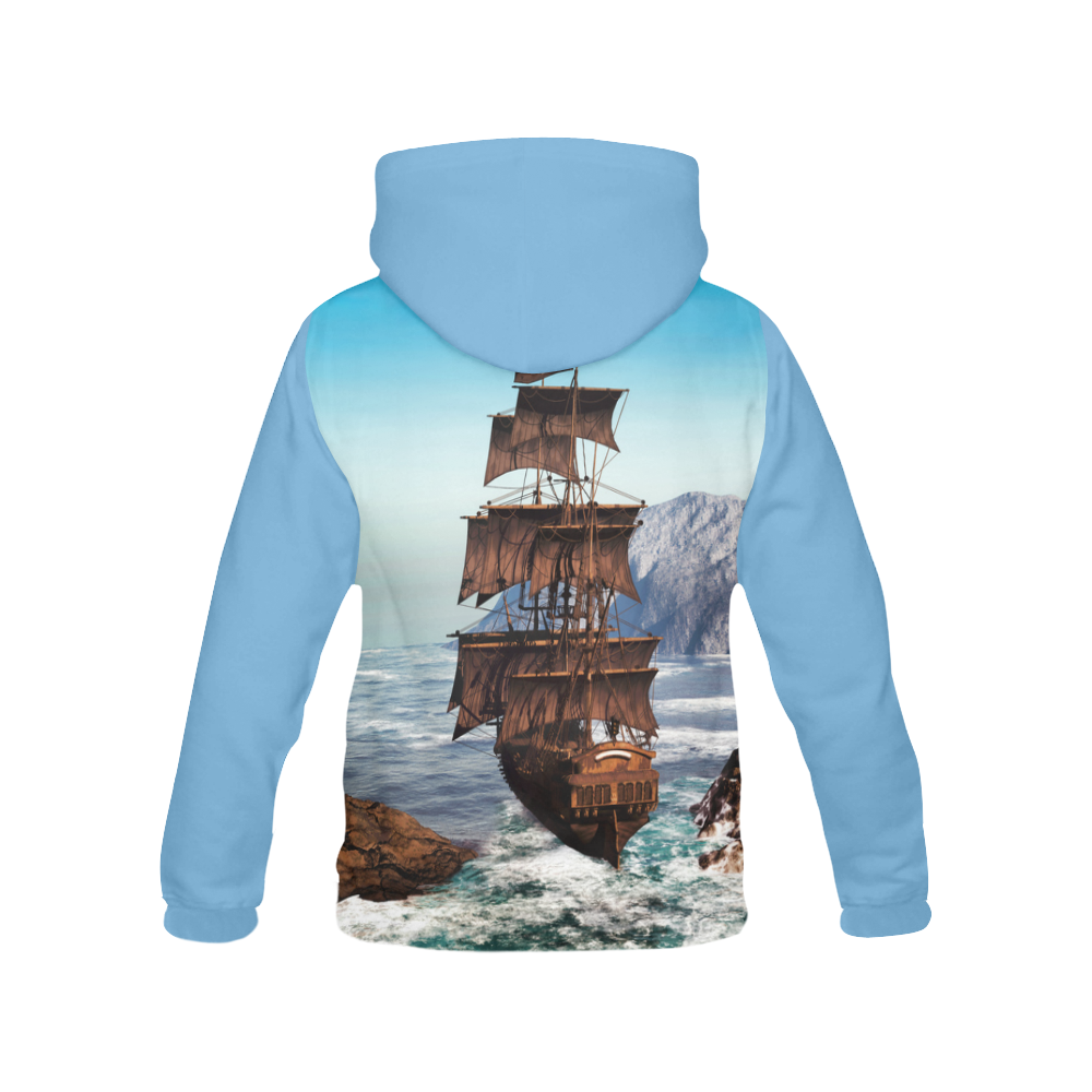 A pirate ship sails through the coastal All Over Print Hoodie for Men (USA Size) (Model H13)