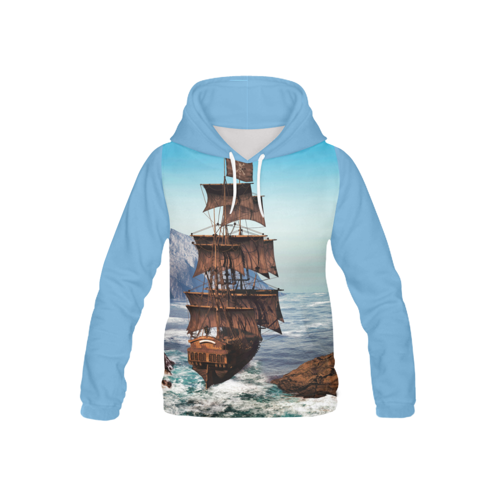A pirate ship sails through the coastal All Over Print Hoodie for Kid (USA Size) (Model H13)
