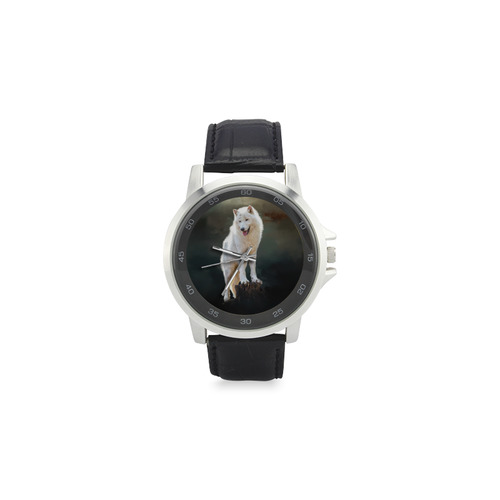 A wonderful painted arctic wolf Unisex Stainless Steel Leather Strap Watch(Model 202)