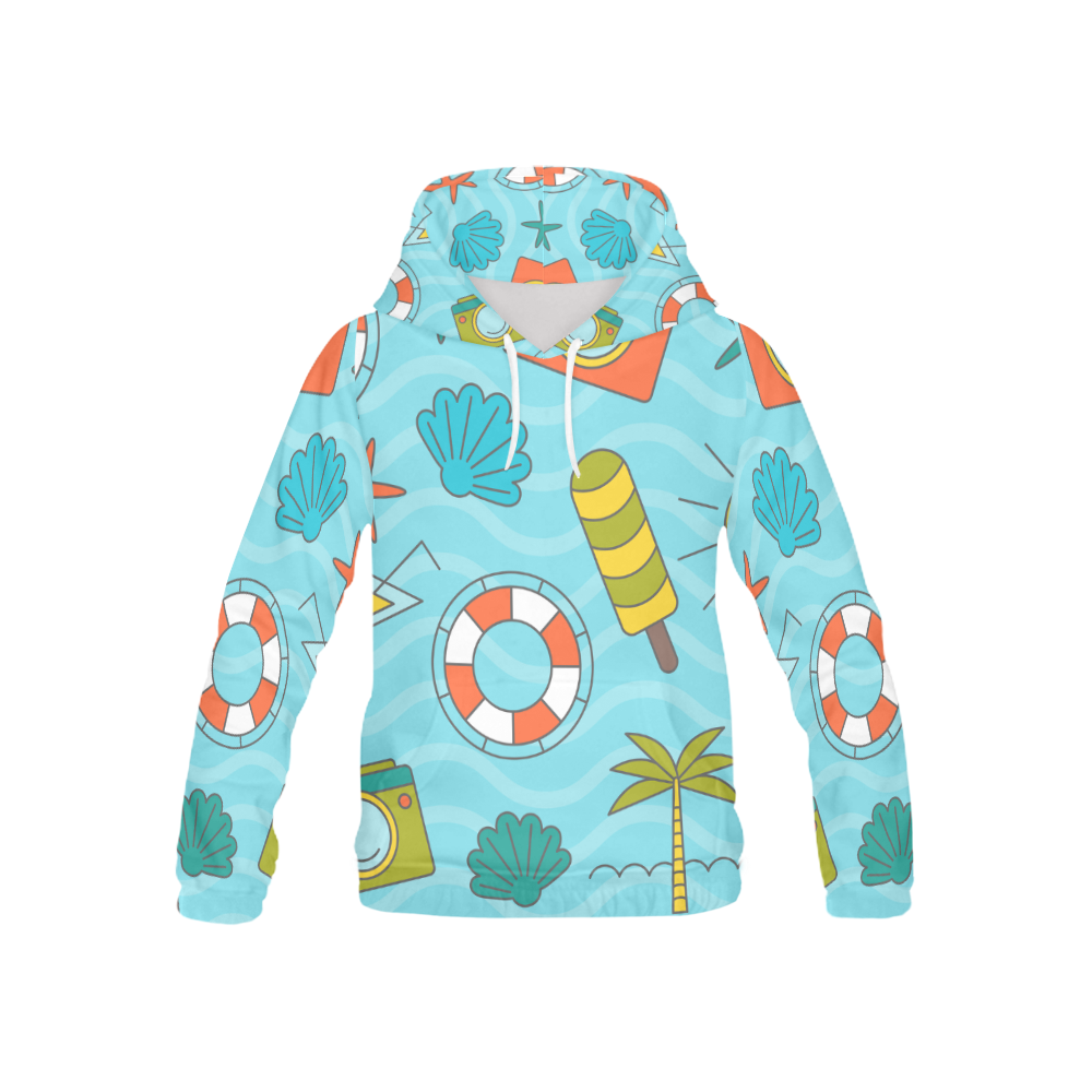 Waves Pattern with Summer Elements All Over Print Hoodie for Kid (USA Size) (Model H13)