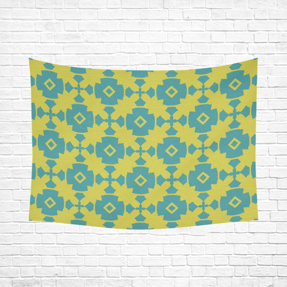Yellow Teal Geometric Tile Pattern Cotton Linen Wall Tapestry 80"x 60"