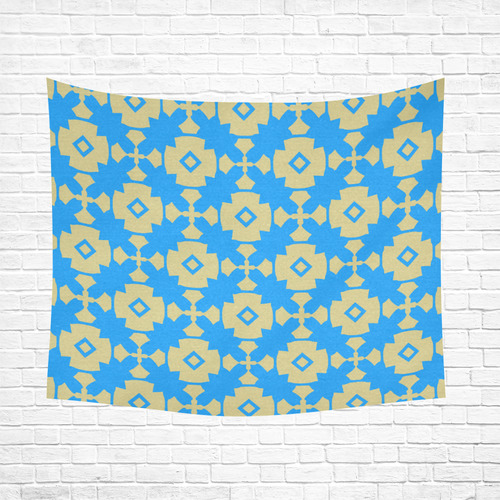 Blue Gold Geometric Cotton Linen Wall Tapestry 60"x 51"