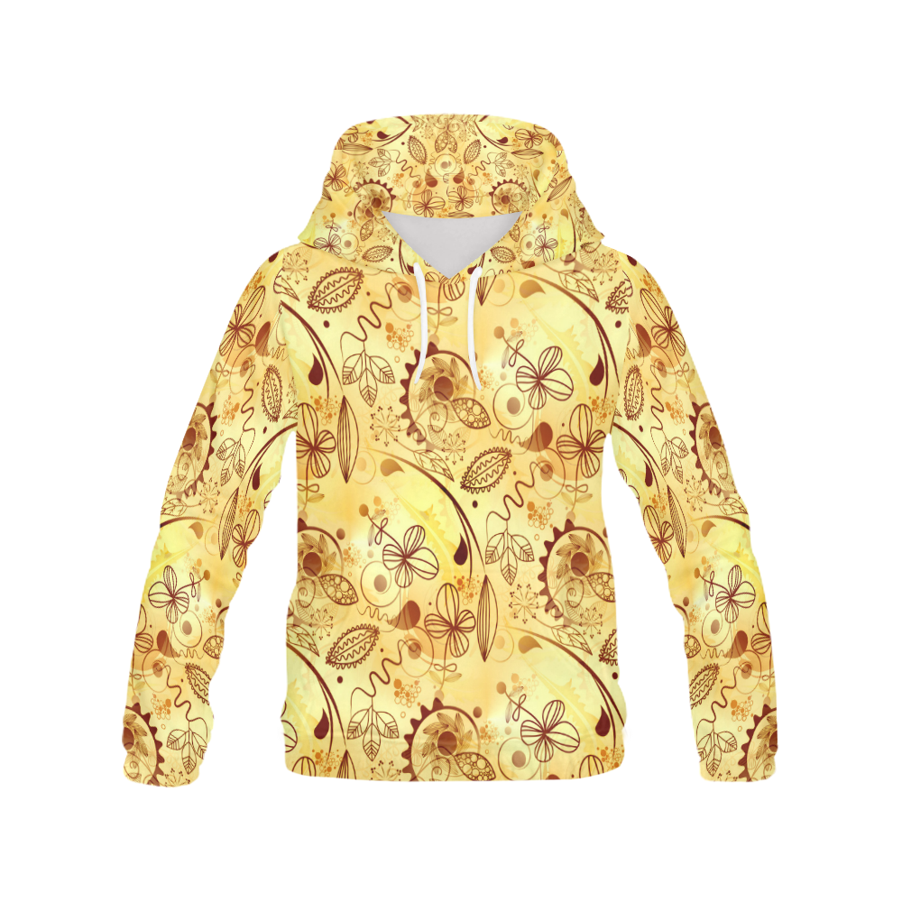 Gold Floral Doodle All Over Print Hoodie for Women (USA Size) (Model H13)