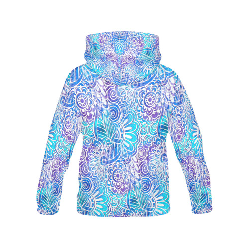 Abstract Flower Doodle On Blue Watercolor All Over Print Hoodie for Women (USA Size) (Model H13)