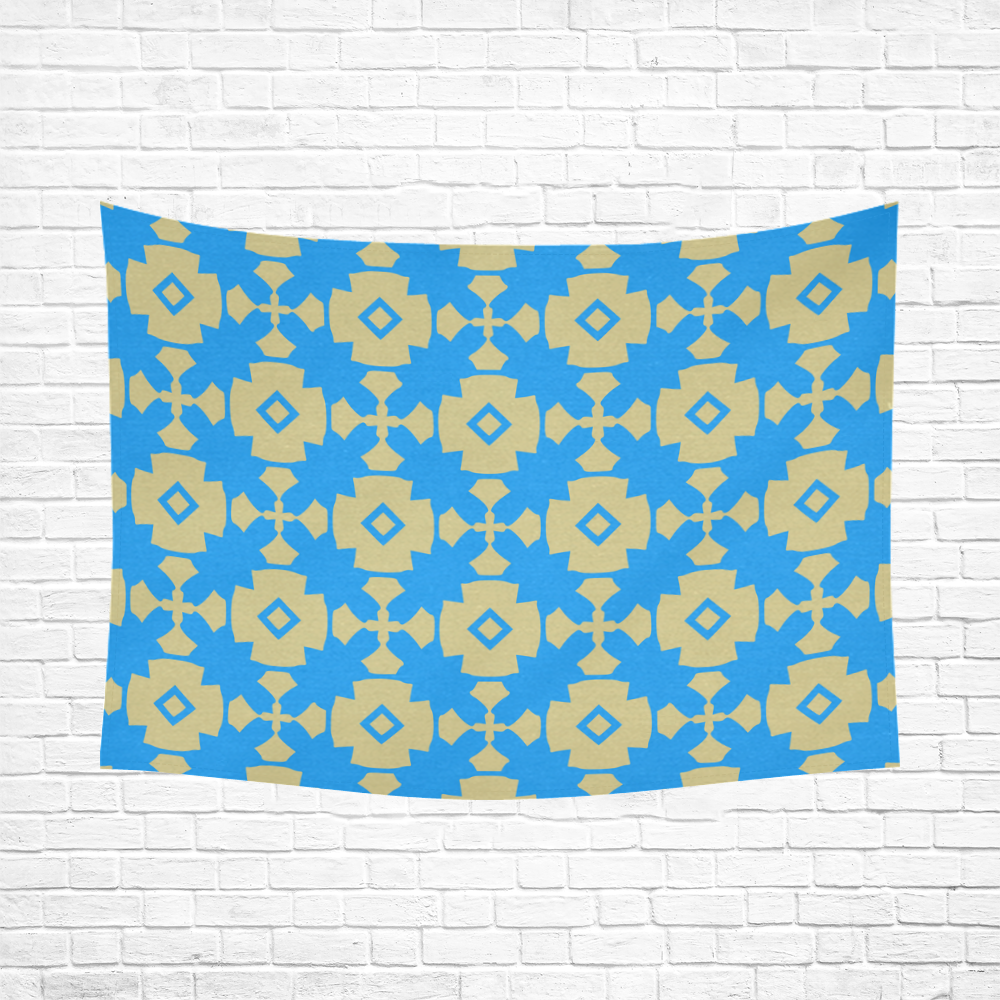 Blue Gold Geometric Cotton Linen Wall Tapestry 80"x 60"