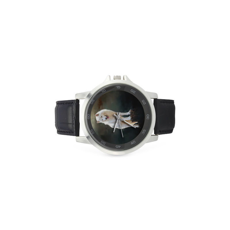 A wonderful painted arctic wolf Unisex Stainless Steel Leather Strap Watch(Model 202)