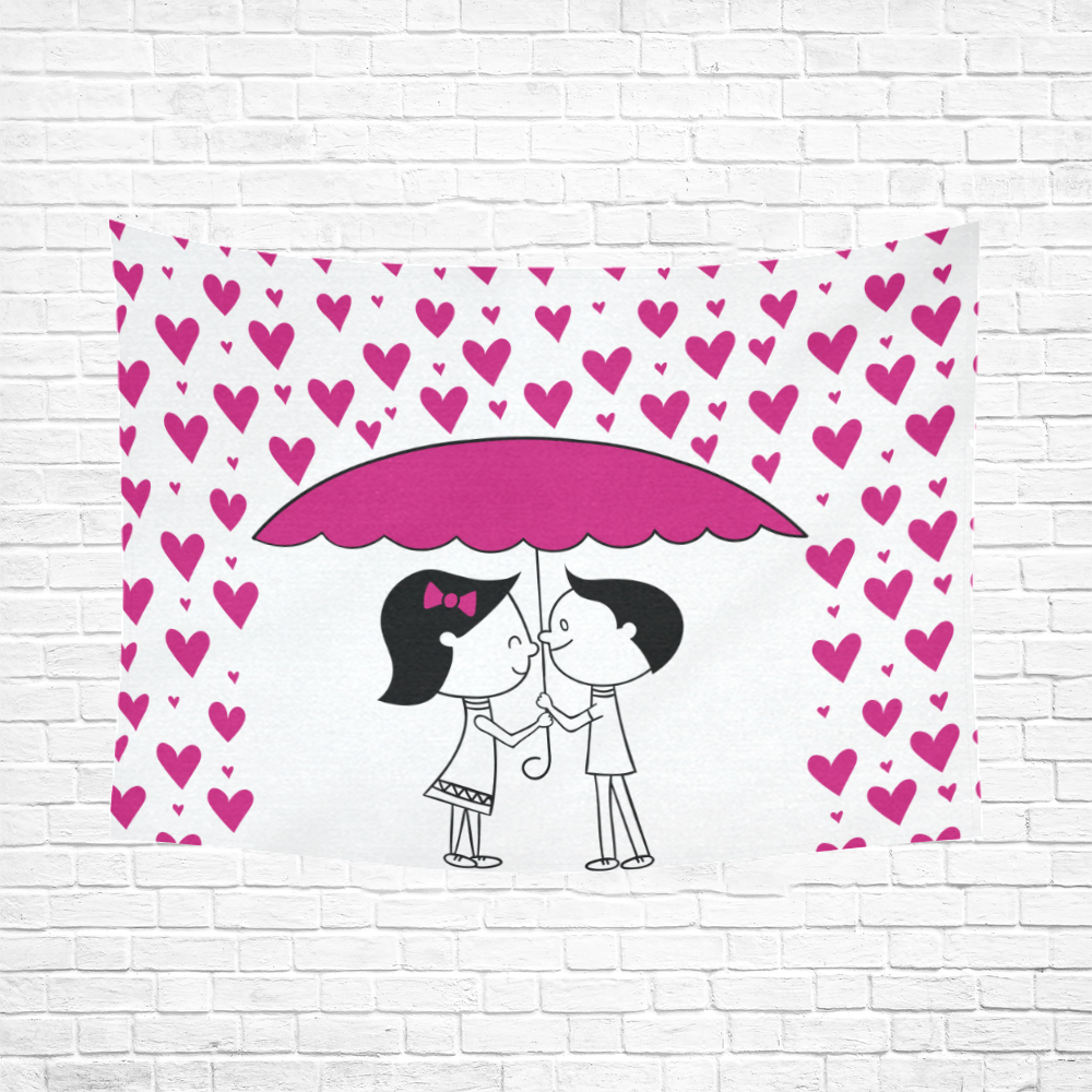 Romantic Couple With Hearts Cotton Linen Wall Tapestry 80"x 60"