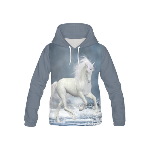 A white Unicorn wading in the water All Over Print Hoodie for Kid (USA Size) (Model H13)