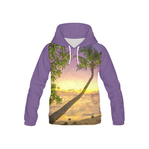 Painting tropical sunset beach with palms All Over Print Hoodie for Kid (USA Size) (Model H13)