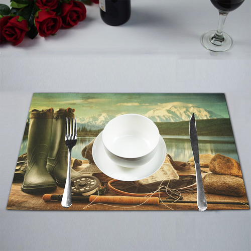 fishing equipment on deck with beautiful view of a Placemat 12’’ x 18’’ (Set of 4)