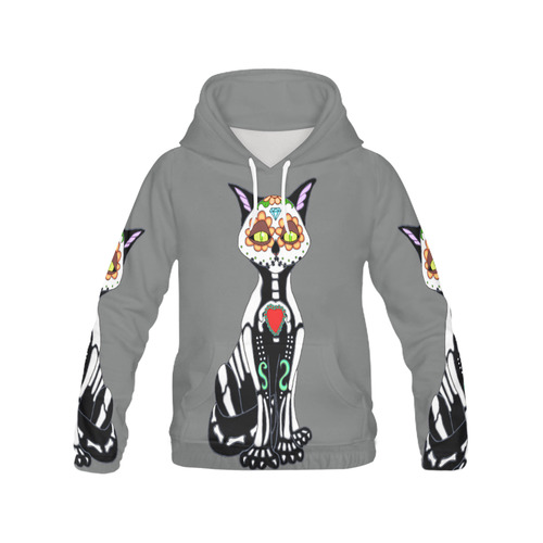 Sugar Skull Cat Grey All Over Print Hoodie for Women (USA Size) (Model H13)