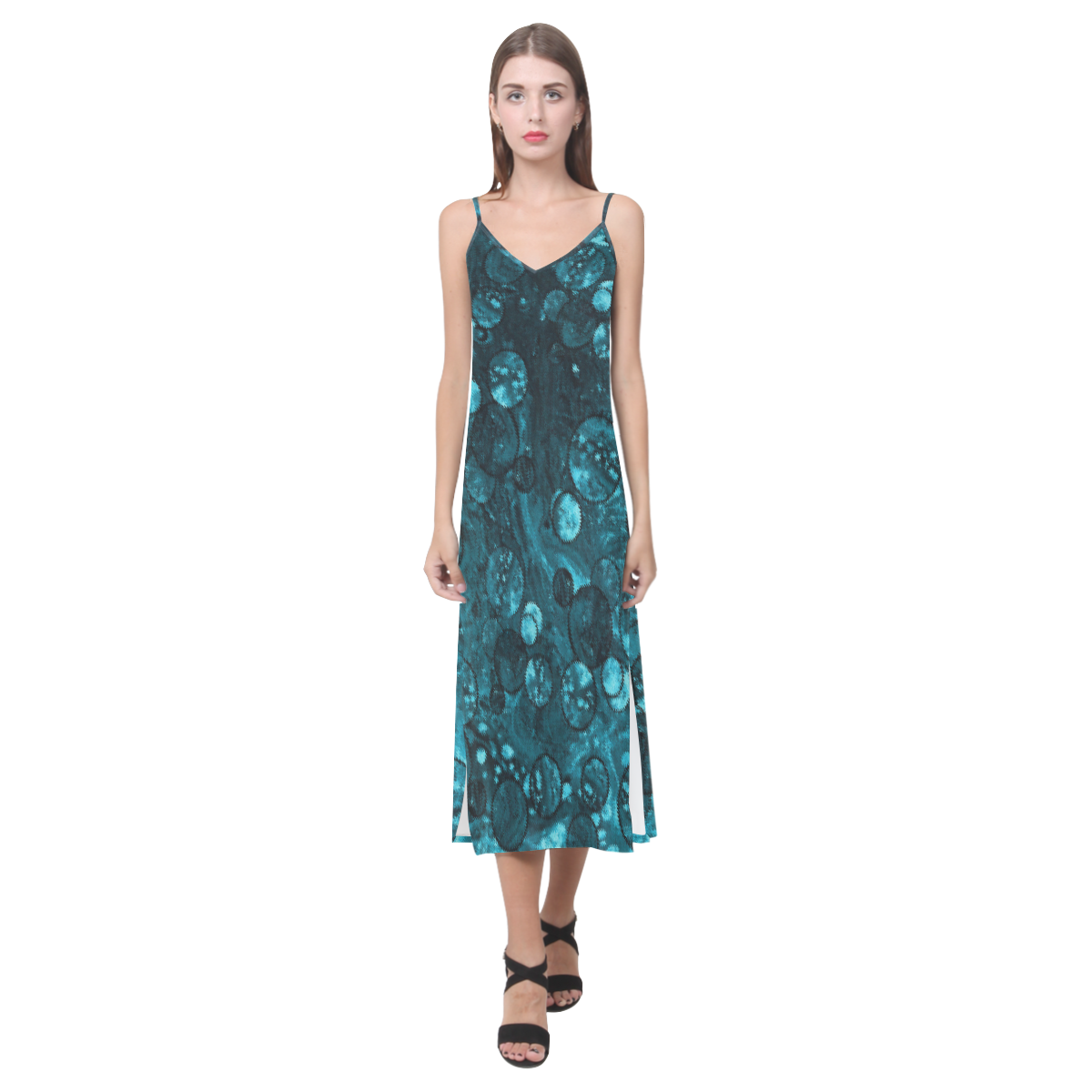 Ocean Dollars Blue V-Neck Open Fork Long Dress(Model D18)