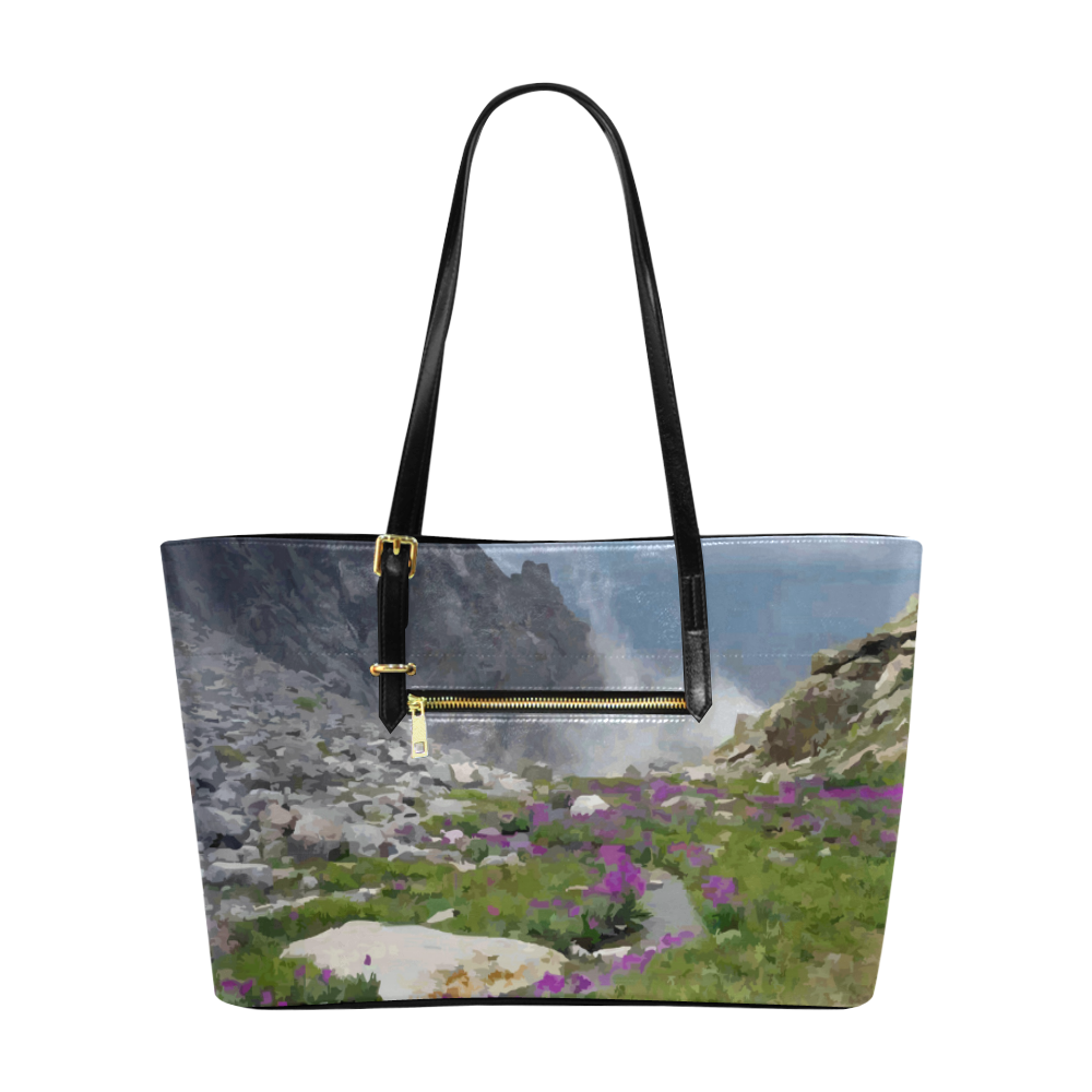 Floral Mountain Landscape Purple Flowers Euramerican Tote Bag/Large (Model 1656)