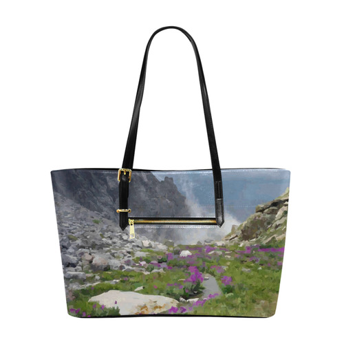 Floral Mountain Landscape Purple Flowers Euramerican Tote Bag/Large (Model 1656)