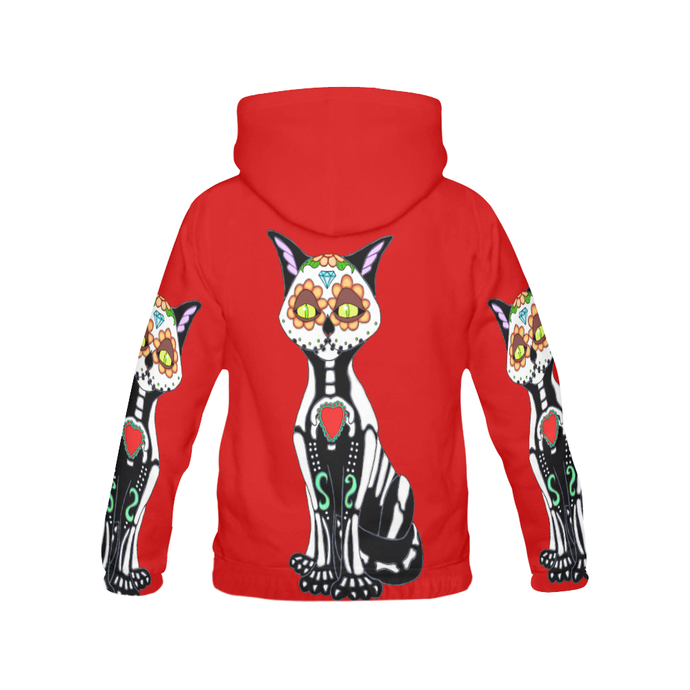 Sugar Skull Cat Red All Over Print Hoodie for Women (USA Size) (Model H13)