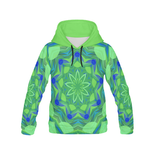 Blue and Green Abstract Floral Angelfish All Over Print Hoodie for Women (USA Size) (Model H13)