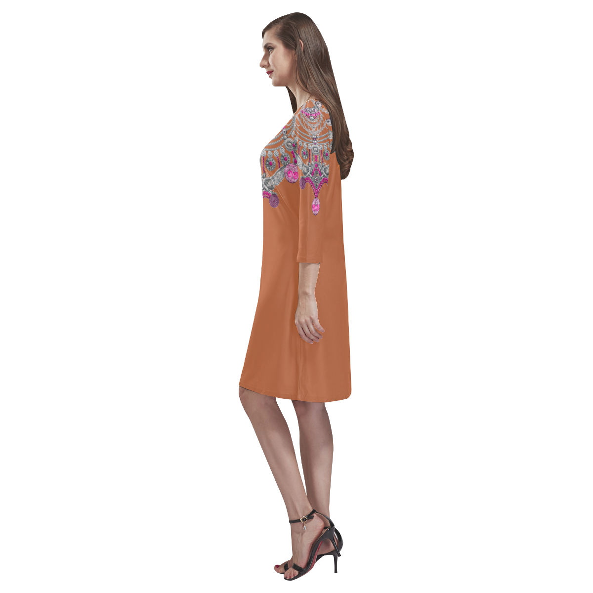pink stones and chains design by Sandrine Kespi Rhea Loose Round Neck Dress(Model D22)