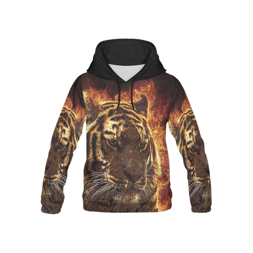 A magnificent tiger is surrounded by flames All Over Print Hoodie for Kid (USA Size) (Model H13)