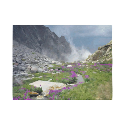 Floral Mountain Landscape Purple Flowers Cotton Linen Wall Tapestry 80"x 60"