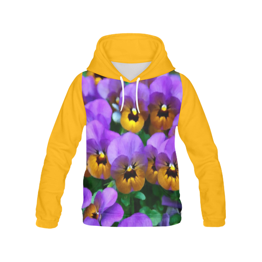 Little Purple Pansies Trimmed in Yellow Gold All Over Print Hoodie for Women (USA Size) (Model H13)