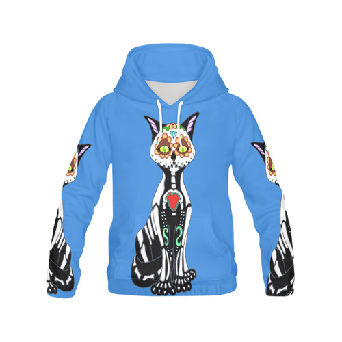 Sugar Skull Cat Blue All Over Print Hoodie for Women (USA Size) (Model H13)